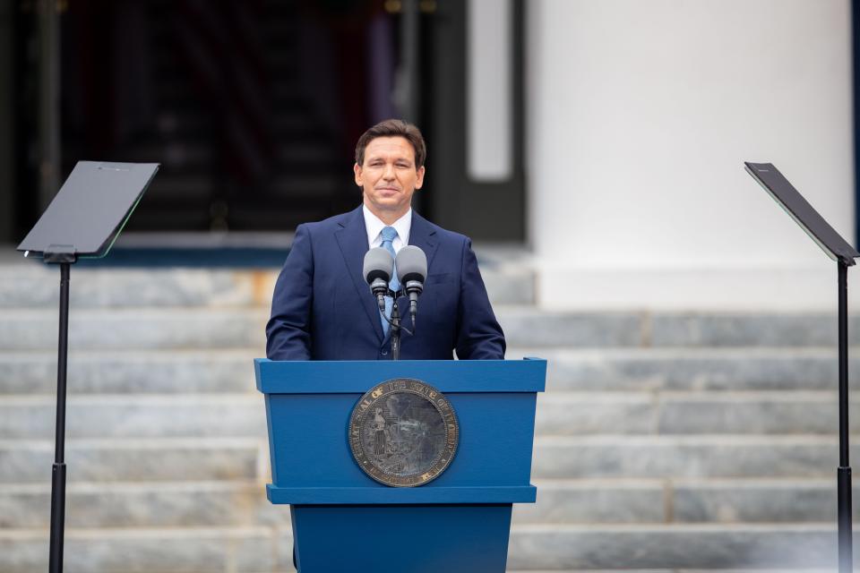 Gov. Ron DeSantis stands at the podium on the steps of the historic Capitol to give a speech after his inauguration Tuesday, Jan. 3, 2023. 