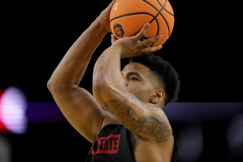 San Diego State guard Matt Bradley practices for their Final Four college basketball game in the NCAA Tournament on Friday, March 31, 2023, in Houston. San Diego State and Florida Atlantic play on Saturday. (AP Photo/David J. Phillip)
