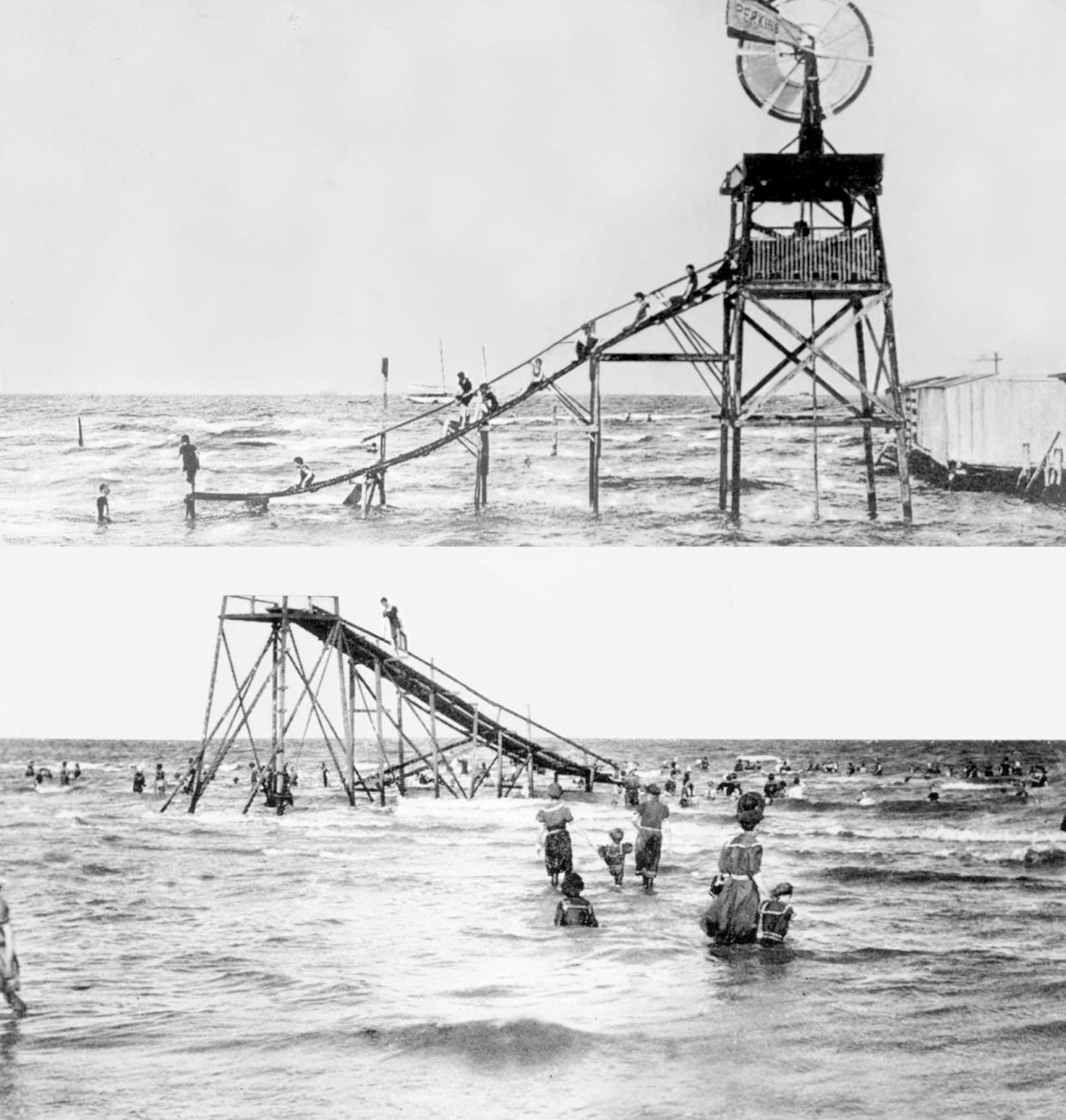 The Natatorium at the end of Twigg Street in Corpus Christi had a wind-powered water slide. In the top image, swimmers in 1908 take a ride down the slide. In the bottom image, taken in 1910, the windmill had been knocked out by a storm. The Natatorium, along with many other bayfront piers and pavilions, was destroyed by the 1916 hurricane.