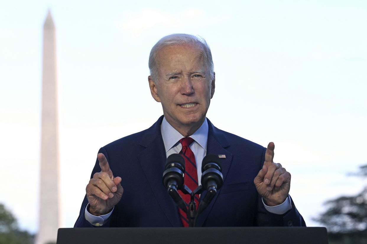 President Joe Biden speaks from the Blue Room Balcony of the White House on Monday, Aug. 1, 2022, in Washington, as he announces that a U.S. airstrike killed al-Qaida leader Ayman al-Zawahri in Afghanistan.