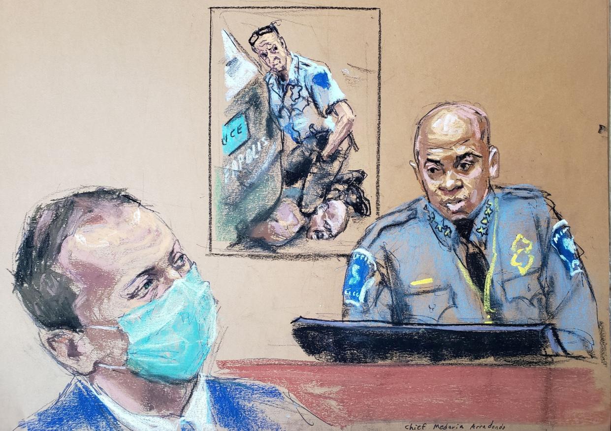 <p>Minneapolis Police Chief Medaria Arradondo answers questions on the sixth day of the trial of former Minneapolis police officer Derek Chauvin (L) for second-degree murder, third-degree murder and second-degree manslaughter in the death of George Floyd in Minneapolis, Minnesota, U.S. April 5, 2021 in this courtroom sketch. </p> (REUTERS/Jane Rosenberg     TPX IMAGES OF THE DAY)