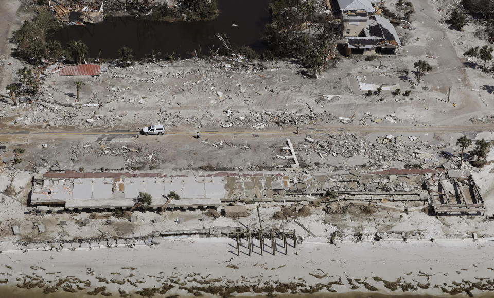 Homes washed away by Hurricane Michael are shown in this aerial photo Thursday, Oct. 11, 2018, in Mexico Beach, Fla. Michael made landfall Wednesday as a Category 4 hurricane with 155 mph (250 kph) winds and a storm surge of 9 feet (2.7 meters). (AP Photo/Chris O'Meara)