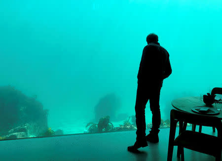 A man looks on during a media event at the underwater restaurant Under in Baaly, Norway March 19, 2019. Picture taken March 19, 2019. REUTERS/Lefteris Karagiannopoulos