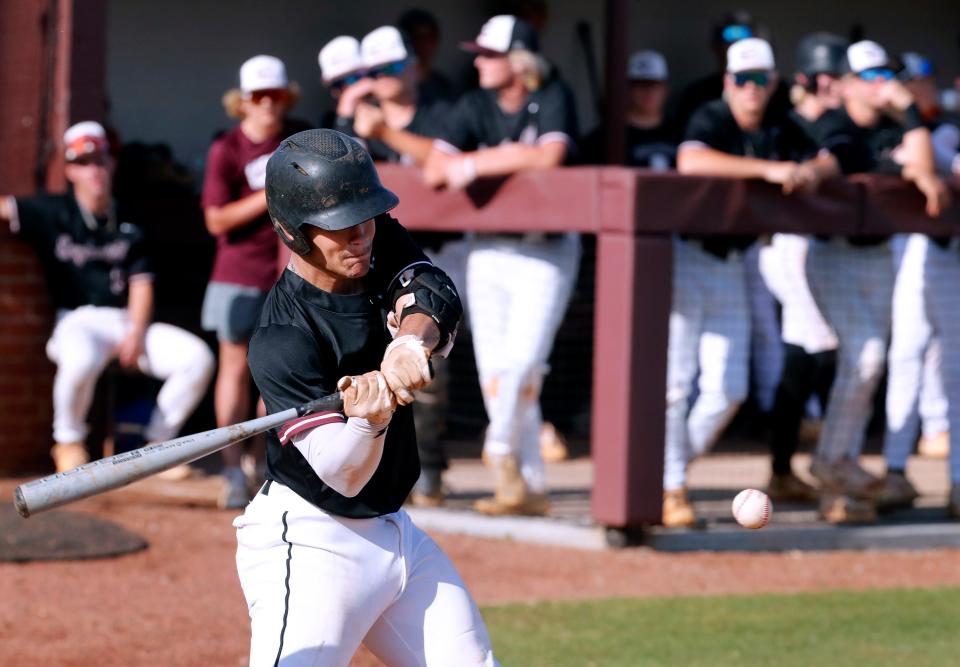 Eagleville's catcher Nathan Brown (19) swings at the ball during the game against South Pittsburg on the third day of Spring Fling, in the 2024 TSSAA Baseball State Tournament on Thursday, May 23, 2024.