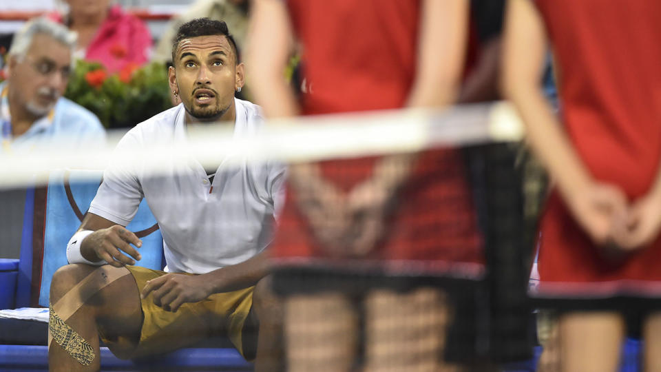 Nick Kyrgios was raging at the umpire over a towel of all things.  (Photo by Minas Panagiotakis/Getty Images)
