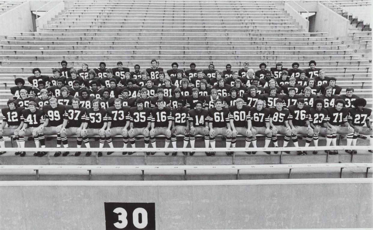 Team photo of the 1972 Kent State Golden Flashes who won the Mid-American Conference championship and played in the Tangerine Bowl.