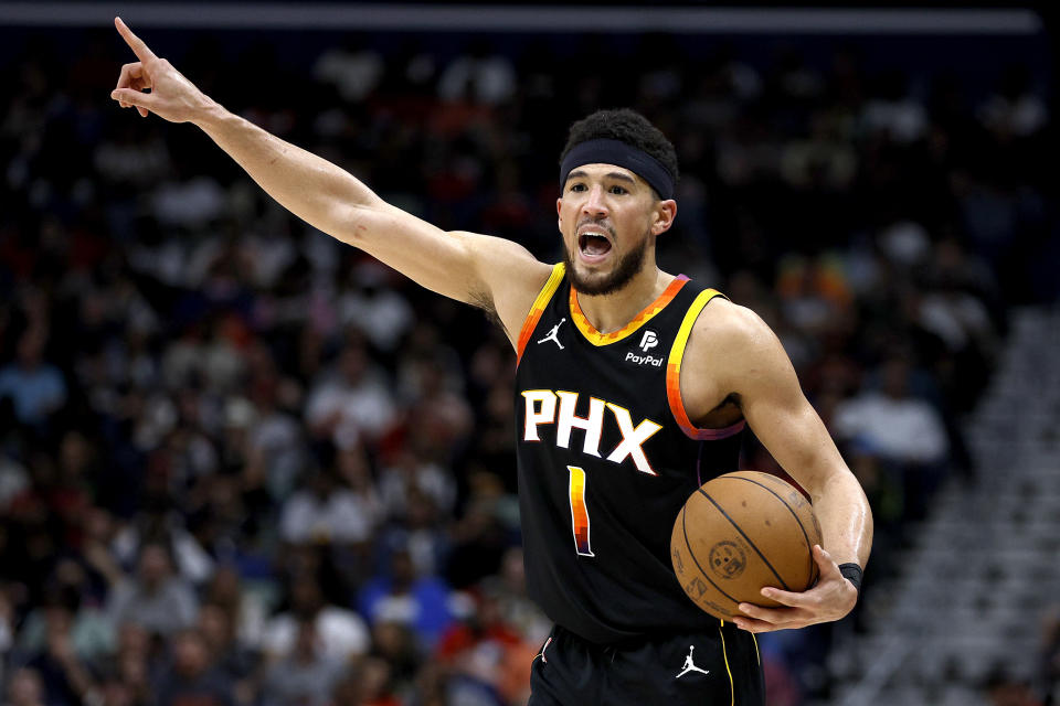 NEW ORLEANS, LOUISIANA - APRIL 01: Devin Booker #1 of the Phoenix Suns stands on the court during the fourth quarter of an NBA game against the New Orleans Pelicans at Smoothie King Center on April 01, 2024 in New Orleans, Louisiana. NOTE TO USER: User expressly acknowledges and agrees that, by downloading and or using this photograph, User is consenting to the terms and conditions of the Getty Images License Agreement. (Photo by Sean Gardner/Getty Images)