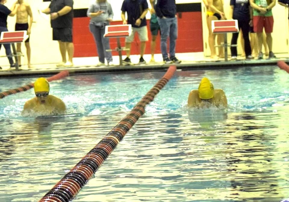 Lancaster's Marlee Byers and Lauren Wilson go 1 and 2 in the 100 yard breaststroke during the Gales' dual Ohio Capital Conference-Buckeye Division meet.