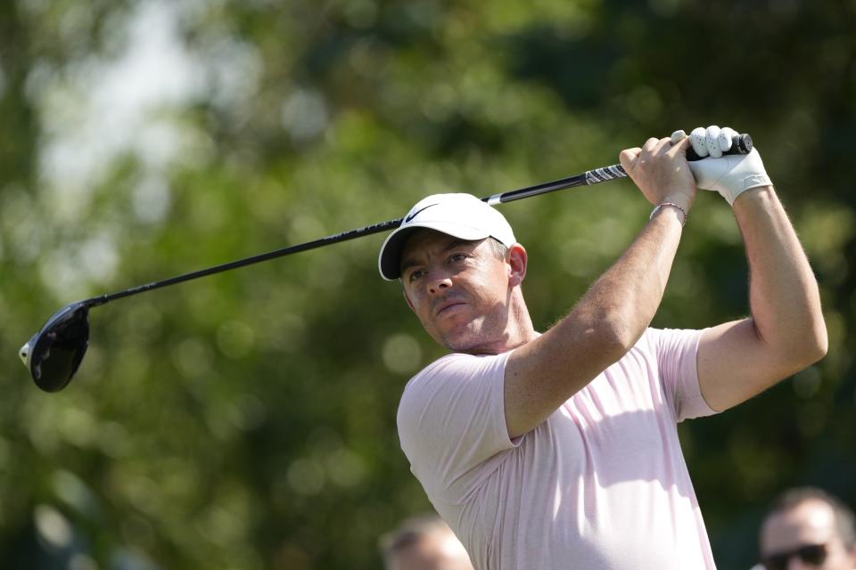 Rory McIlroy of Northern Ireland tees off on the 4th hole during the third round of Dubai Invitational golf tournament, in Dubai, United Arab Emirates, Saturday, Jan. 13, 2024. (AP Photo/Kamran Jebreili)