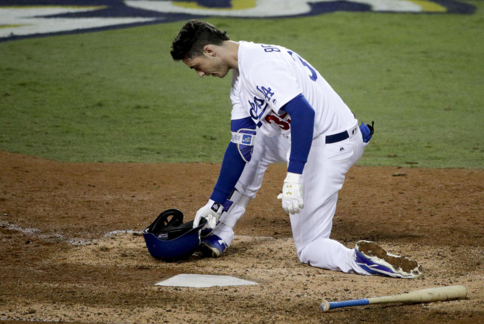 Cody Bellinger reacts after striking out against the Houston Astros during the eighth inning of Game 6 of the World Series. (AP)