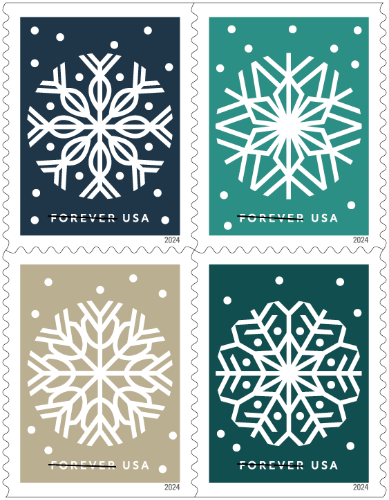 The U.S. Postal Service revealed dozens of stamp designs for 2024 on Oct. 23, with more to be revealed soon. These four stamps celebrate winter with lacy, symmetrical illustrations inspired by snowflakes against a navy blue, teal, tan or dark blue-green backdrop.