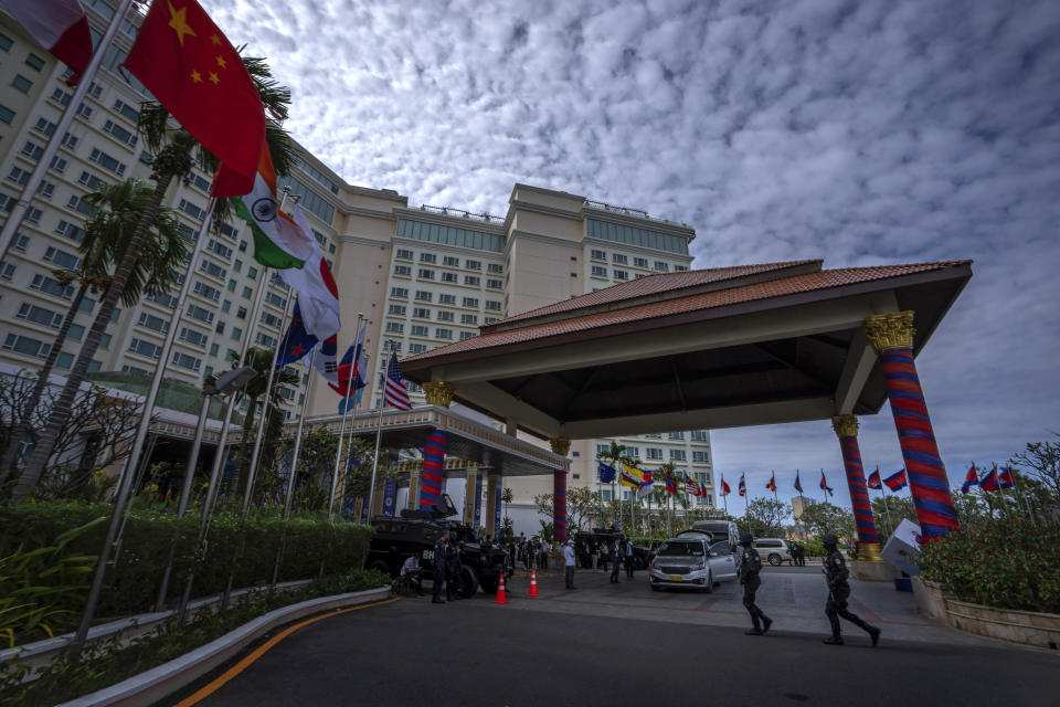 Security personnel petrol outside the venue for the upcoming Association of Southeast Asian Nations (ASEAN) summit in Phnom Penh, Cambodia, Thursday, Nov. 10, 2022. Southeast Asian leaders hold meetings with various groups ahead of the summit opening on Friday. (AP Photo/Anupam Nath)