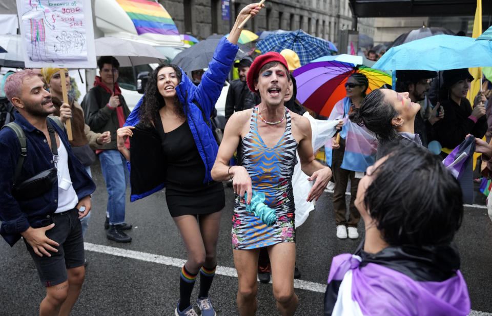 Participants attend the European LGBTQ pride march in Belgrade, Serbia, Saturday, Sept. 17, 2022. Serbian police have banned Saturday's parade, citing a risk of clashes with far-right activists. (AP Photo/Darko Vojinovic)