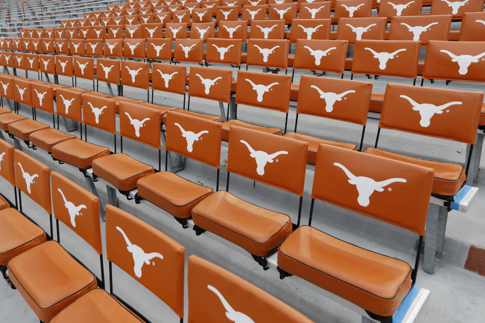 AUSTIN, TX - OCTOBER 21: A general view of Texas Longhorns seat cushions in the stands before the game against the Oklahoma State Cowboys at Darrell K Royal-Texas Memorial Stadium on October 21, 2017 in Austin, Texas. (Photo by Tim Warner/Getty Images)