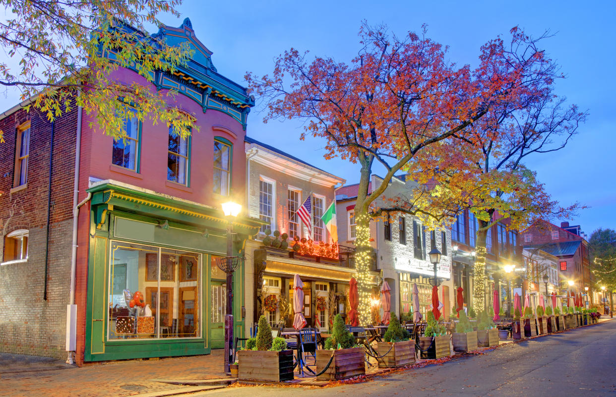  Storefronts in Old Town Alexandria, Virginia, at dusk in autumn. 