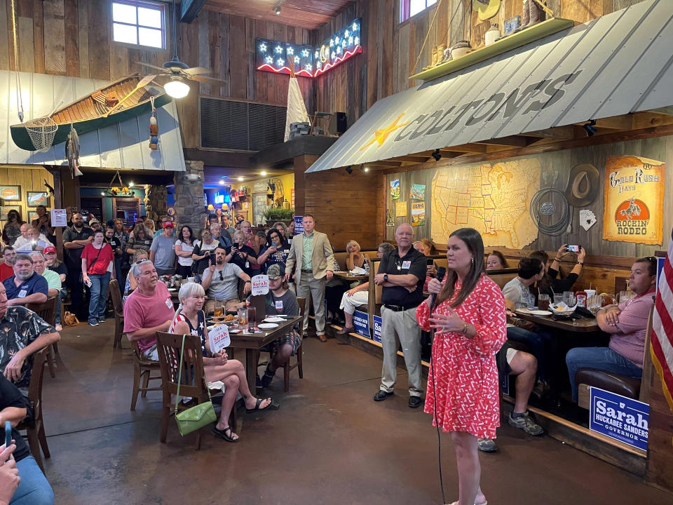 Former White House Press Secretary Sarah Sanders talks about her campaign for governor during an event at a Colton's Steak House in Cabot, Ark., Friday, Sept. 10, 2021. (AP Photo/Andrew DeMillo)