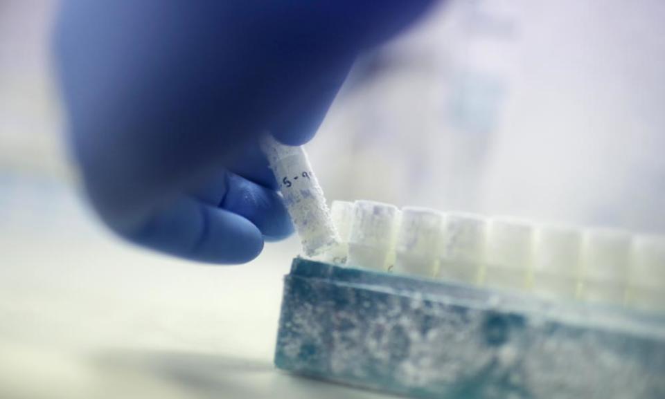 A vial containing frozen donor sperm samples in a lab at Melbourne IVF