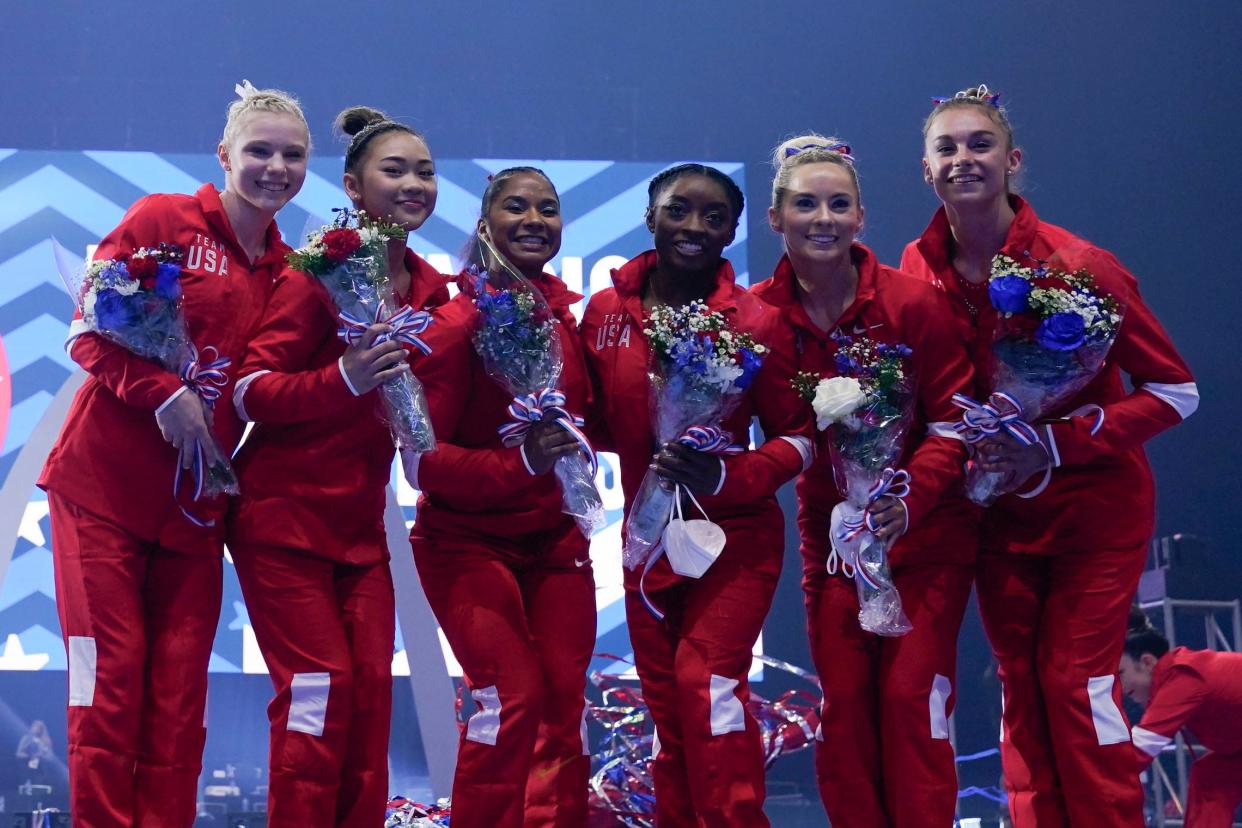 The women’s Olympic team poses for a photo during the U.S. Gymnastic Olympic Team Trials at The Dome at America's Center on June 27, 2021, in St. Louis, Missouri.