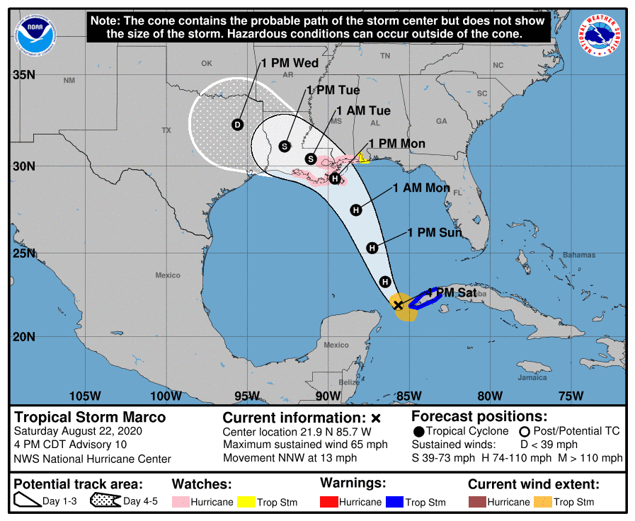 View the path of Tropical Storm Marco as of 4 p.m. on Aug. 22, 2020.