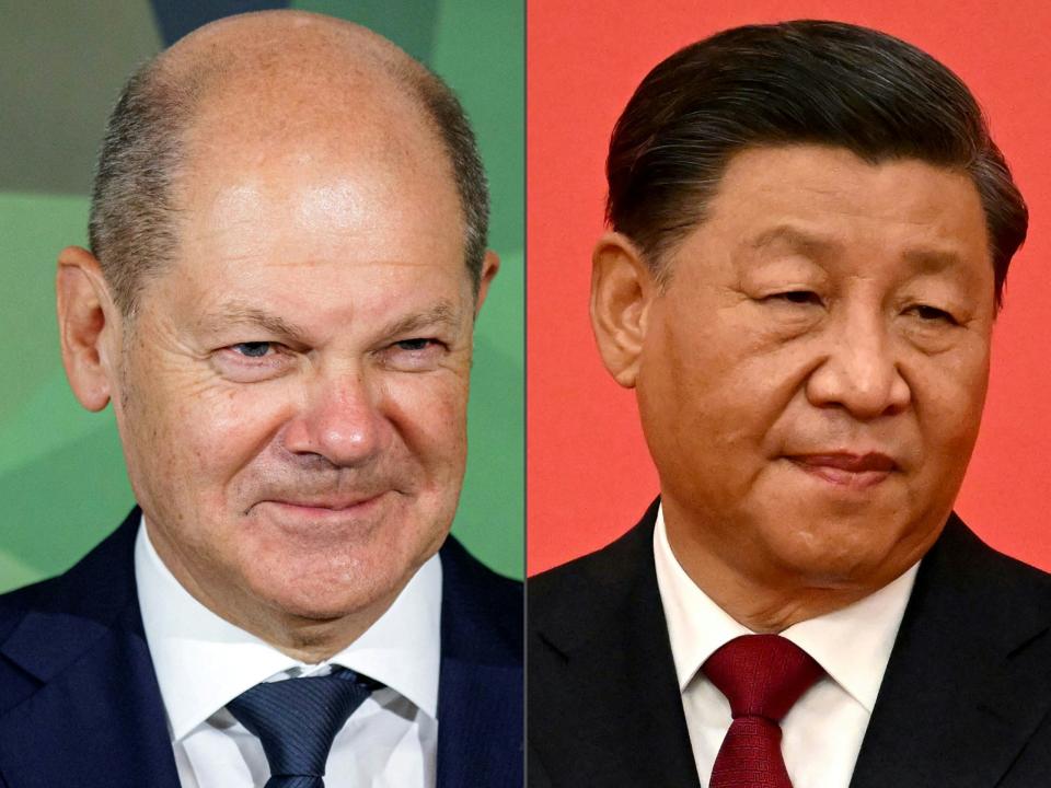 Bundeskanzler Olaf Scholz besucht Chinas Machthaber Xi Jinping  - als erster G-7-Regierungschef nach dem Kongress der Kommunistischen Partei.  - Copyright: JENS SCHLUETER,NOEL CELIS/AFP via Getty Images)