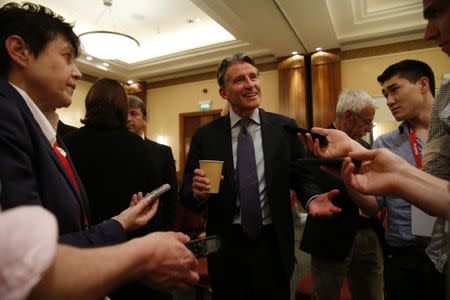 Britain Athletics - IAAF Press Conference - London Marriott Hotel, West India Quay, Canary Wharf - 13/4/17 IAAF President Sebastian Coe after the press conference Action Images via Reuters / Paul Childs Livepic