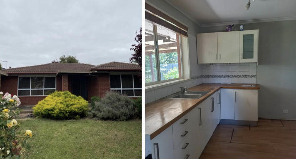 The front of the property on Ince Place in Melton West (left) and inside the kitchen (right).