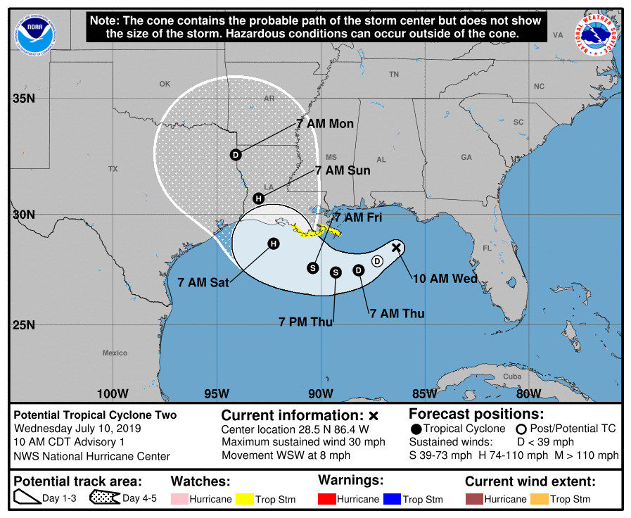 The National Hurricane Center's forecast for an unnamed potential tropical cyclone as of 10 a.m. CDT on Wednesday, July 10. | National Hurricane Center