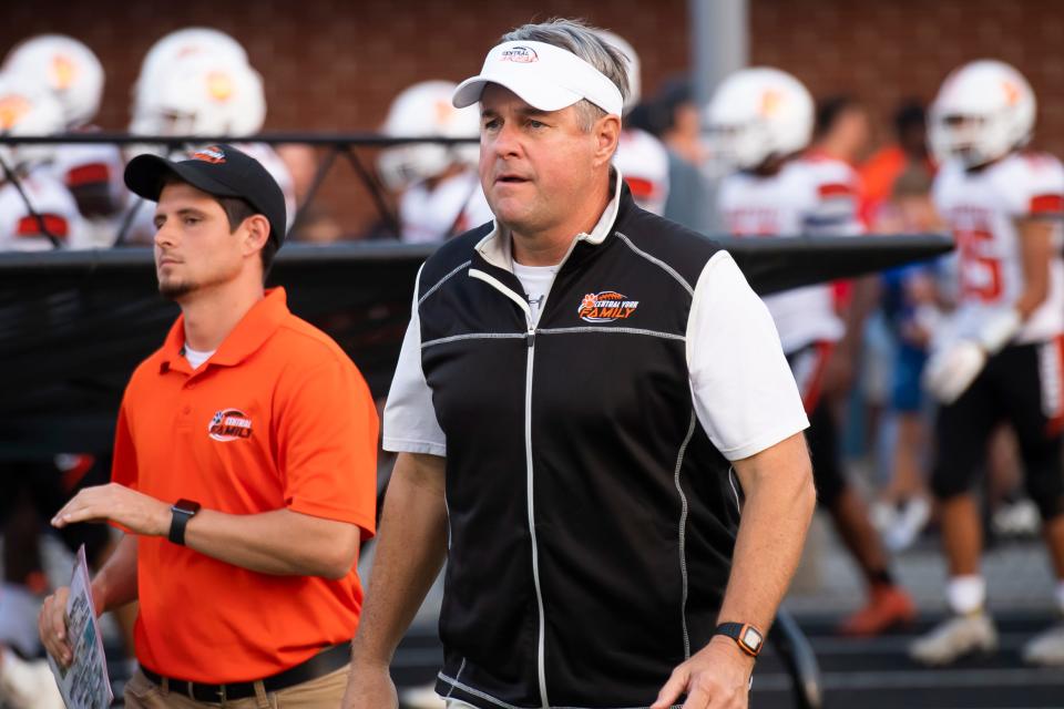 Central York head coach Gerry Yonchiuk walks onto the field before taking on Spring Grove in a YAIAA Division I football game at Papermakers Stadium on Friday, September 16, 2022.