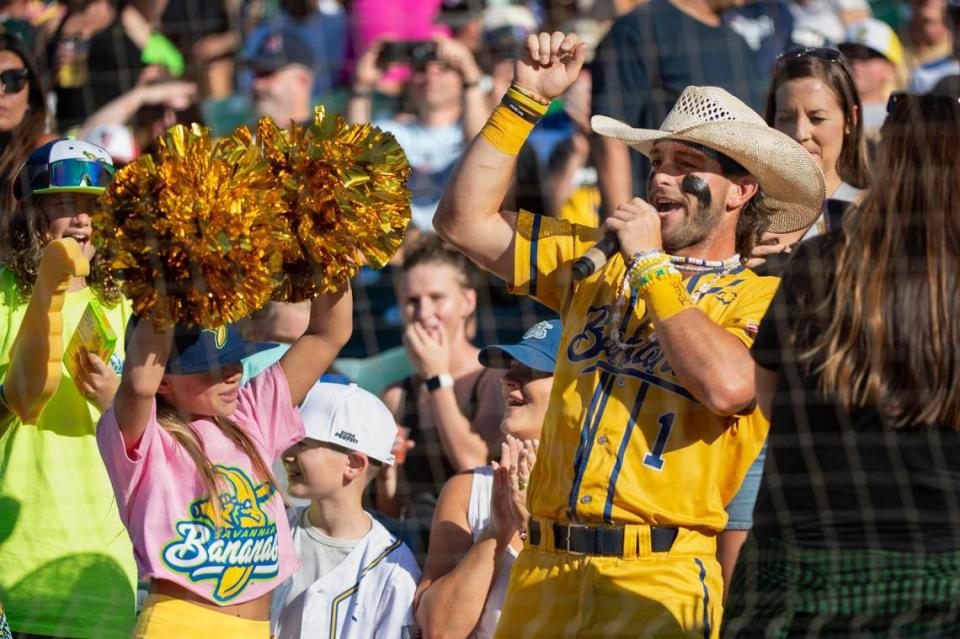 The Savanna Bananas’ Bill Leroy (1) moves through the crowd talking with fans before the start of the game during the Savannah Bananas World Tour on Saturday, July 29, 2023, at Sutter Health Park in West Sacramento.
