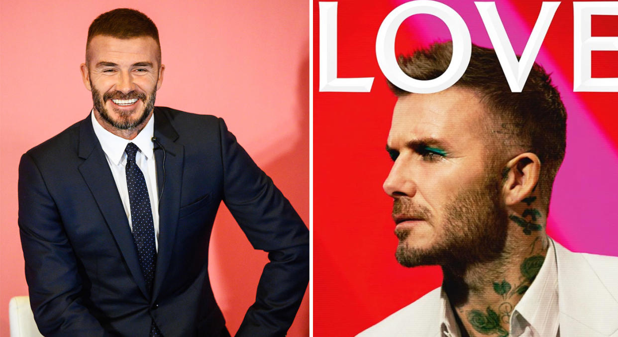 David Beckham sports teal eyeshadow on the LOVE magazine cover. [Photo: Instagram/Getty]