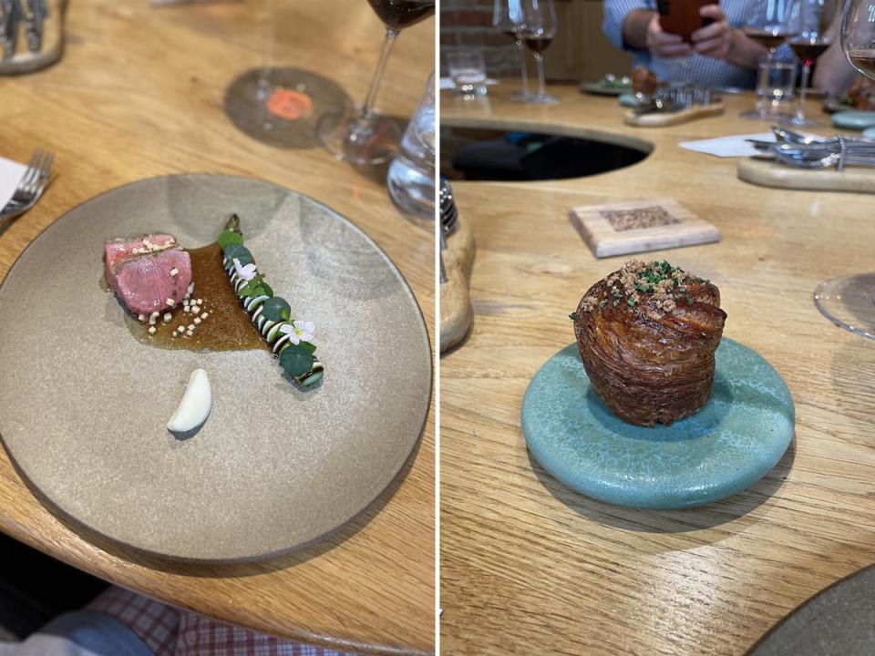 The lamb course: served with the most artistic asparagus you’ve ever seen and the glorious lamb neck cruffin (Hannah Twiggs)