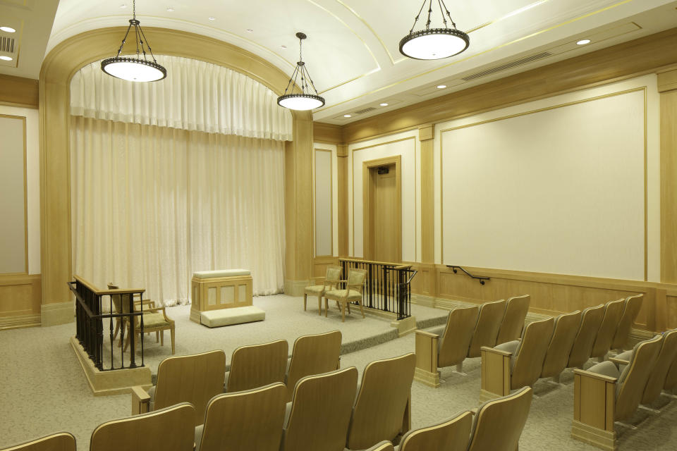 This undated photo released by The Church of Jesus Christ of Latter-day Saints shows an ordinance room at the new multimillion-dollar Mormon temple in Kansas City, Mo. The temple will largely serve about 25,000 members in the Kansas City area and about 100,000 members in Kansas and Missouri. The only other Mormon temple in Missouri is in St. Louis. (AP Photo/The Church of Jesus Christ of Latter-day Saints)