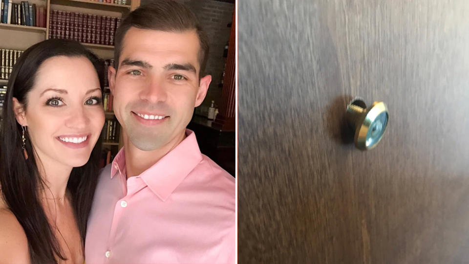 Left, Nathan and Christina Parks. Right, the alleged broken peephole.