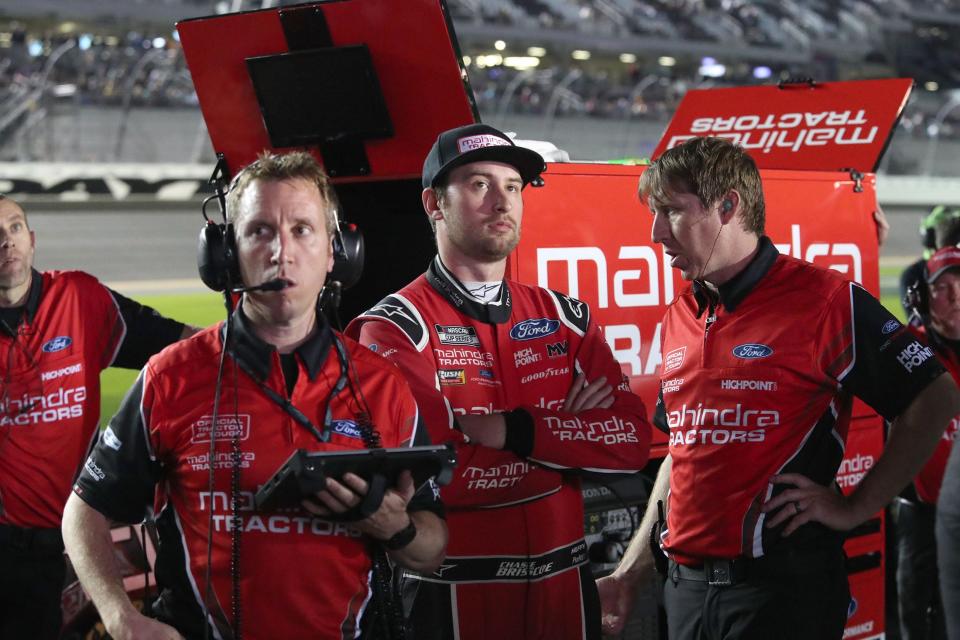 Chase Briscoe (center) and his team were hit with one of the most severe penalties in NASCAR history this week for using a counterfeit part at Charlotte on Monday.