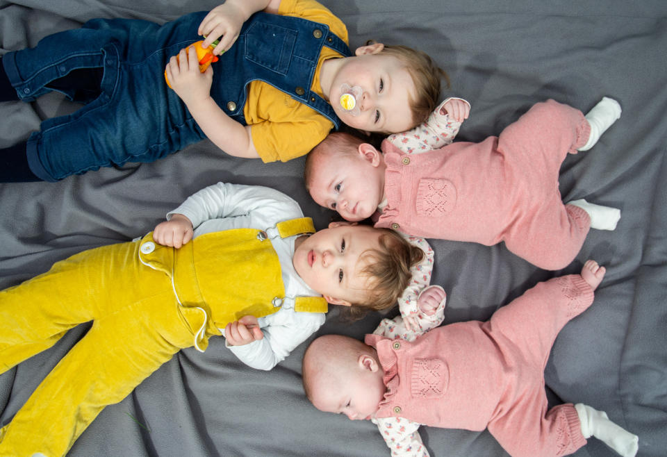 Kirsty Hannam gave birth to two sets of twins in just over a year, pictured, 20-month-old William and Willow and 4-month-old Alice and Aoife. (SWNS)