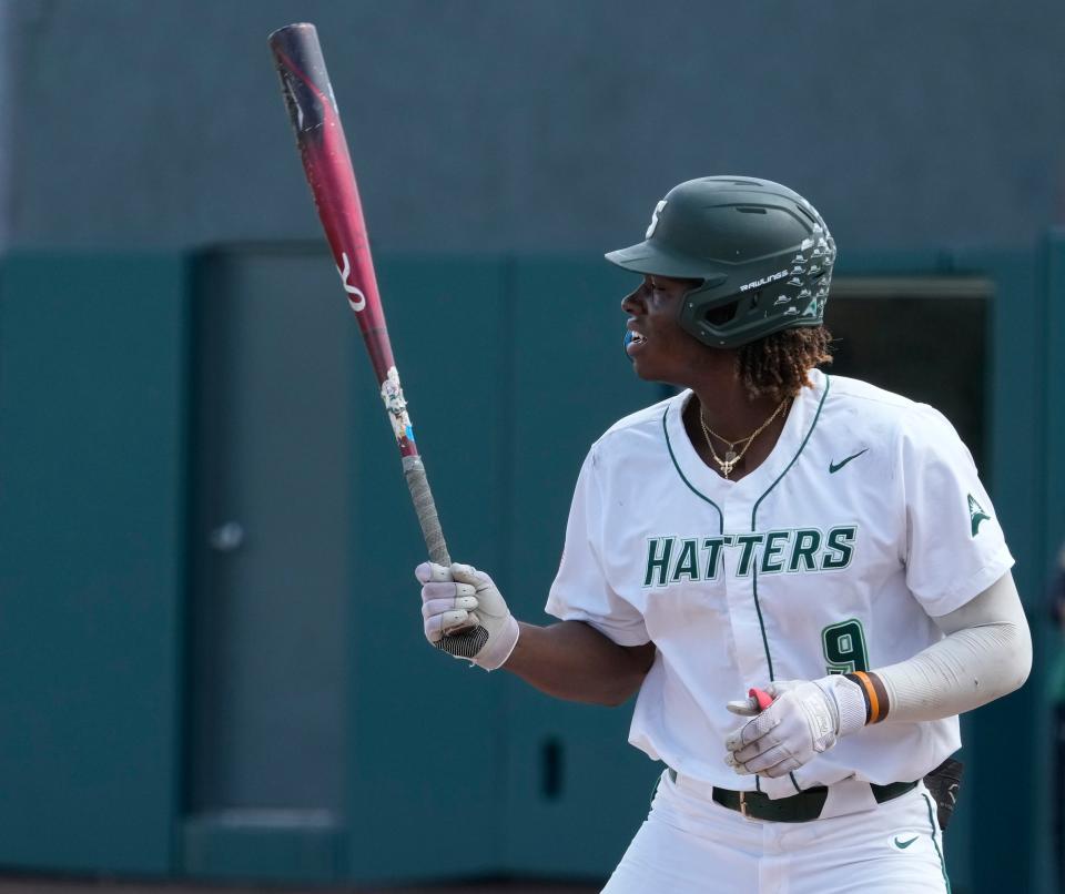 Stetson's Brandon Hylton at bat during a game against Austin Peay at Melching Field in DeLand, Thursday, May 25, 2023.