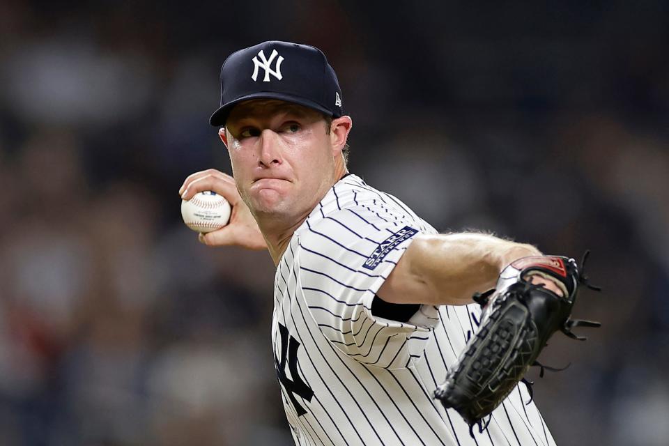 FILE - New York Yankees pitcher Gerrit Cole (45) throws against the Detroit Tigers during the fifth inning of a baseball game Tuesday, Sept. 5, 2023, in New York. Gerrit Cole was a unanimous winner of his first American League Cy Young Award on Wednesday, Nov. 15, 2023 and Blake Snell took the NL honor in becoming the seventh hurler to earn baseball’s top pitching prize in both leagues.(AP Photo/Adam Hunger, File)