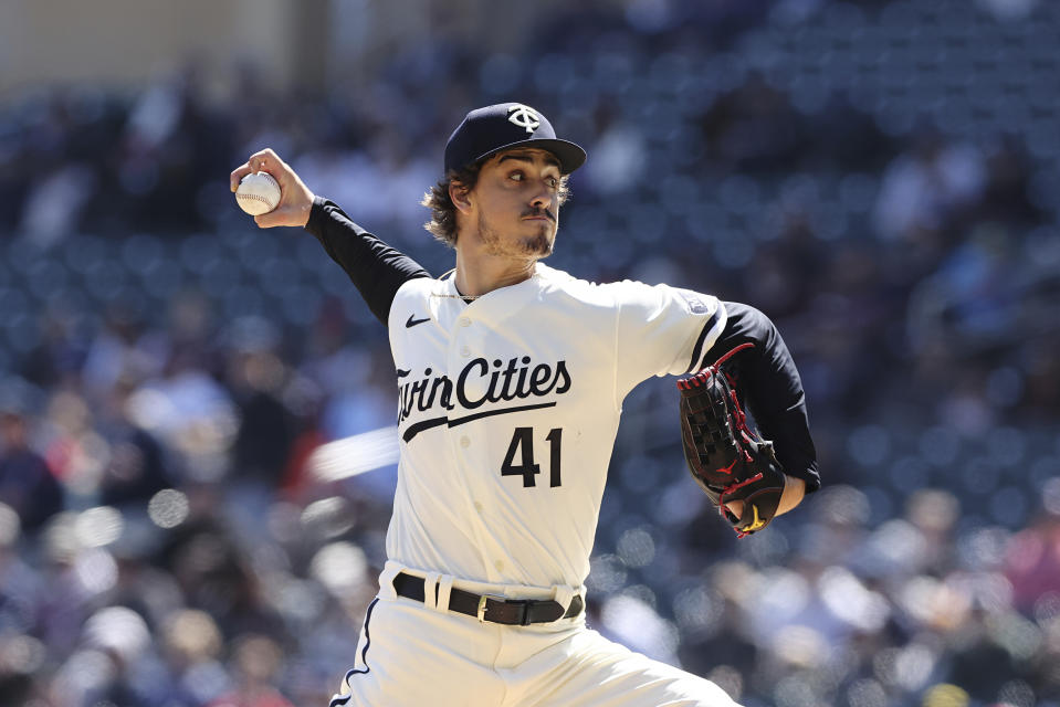 Minnesota Twins starting pitcher Joe Ryan (41) throws during the first inning of a baseball game against the Houston Astros, Saturday, April 8, 2023, in Minneapolis. (AP Photo/Stacy Bengs)