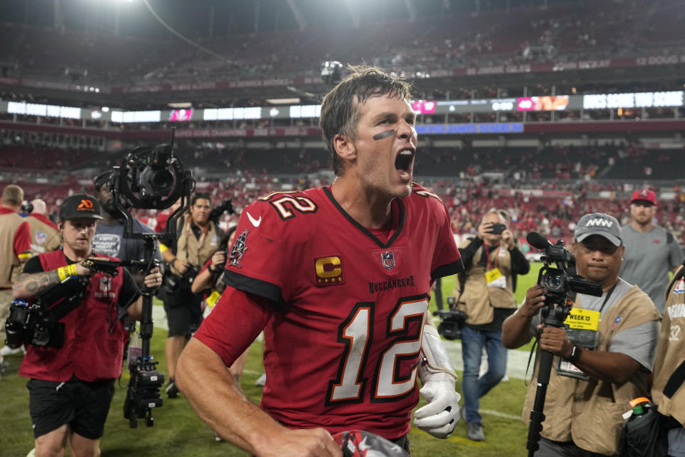 Tampa Bay Buccaneers quarterback Tom Brady (12) reacts to the fans as he runs off the field after an NFL football game against the New Orleans Saints in Tampa, Fla., Monday, Dec. 5, 2022. The Buccaneers won 17-16. (AP Photo/Chris O'Meara)