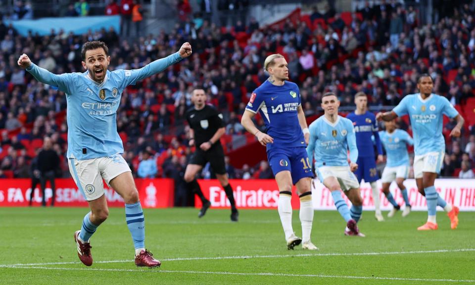 <span>Bernardo Silva celebrates after scoring the winning goal against Chelsea.</span><span>Photograph: Cameron Smith/The FA/Getty Images</span>