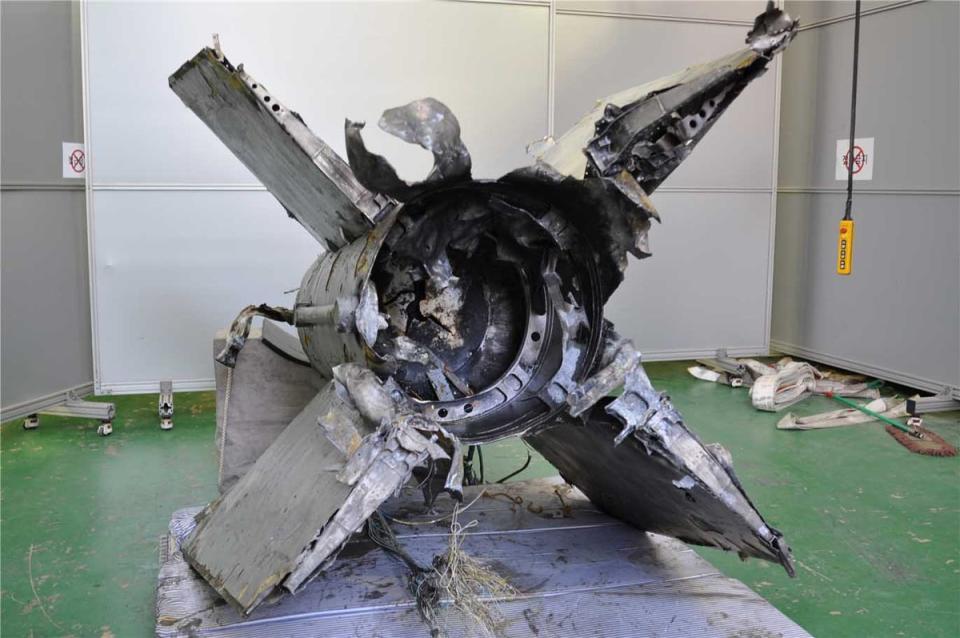 South Korean Defense Ministry displays retrieved debris of a ballistic missile that North Korea flew across their de facto maritime border in November 2022 (Getty)