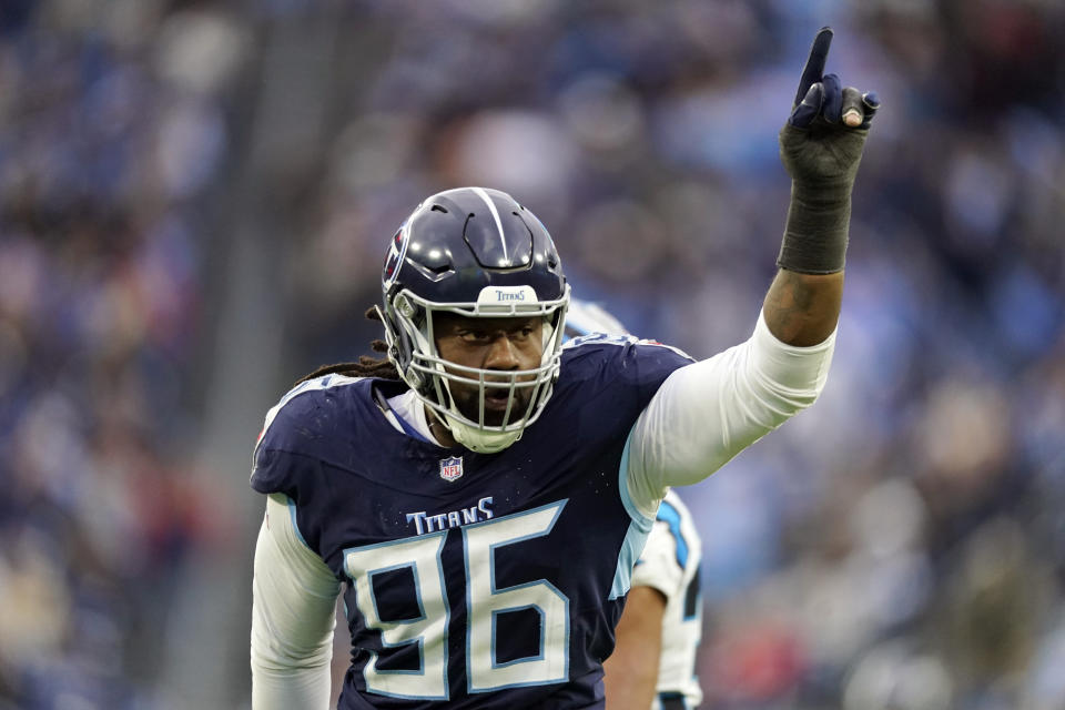 Tennessee Titans defensive end Denico Autry celebrates after a sack during the second half of an NFL football game against the Carolina Panthers Sunday, Nov. 26, 2023, in Nashville, Tenn. The Titans won 17-10. (AP Photo/George Walker IV)