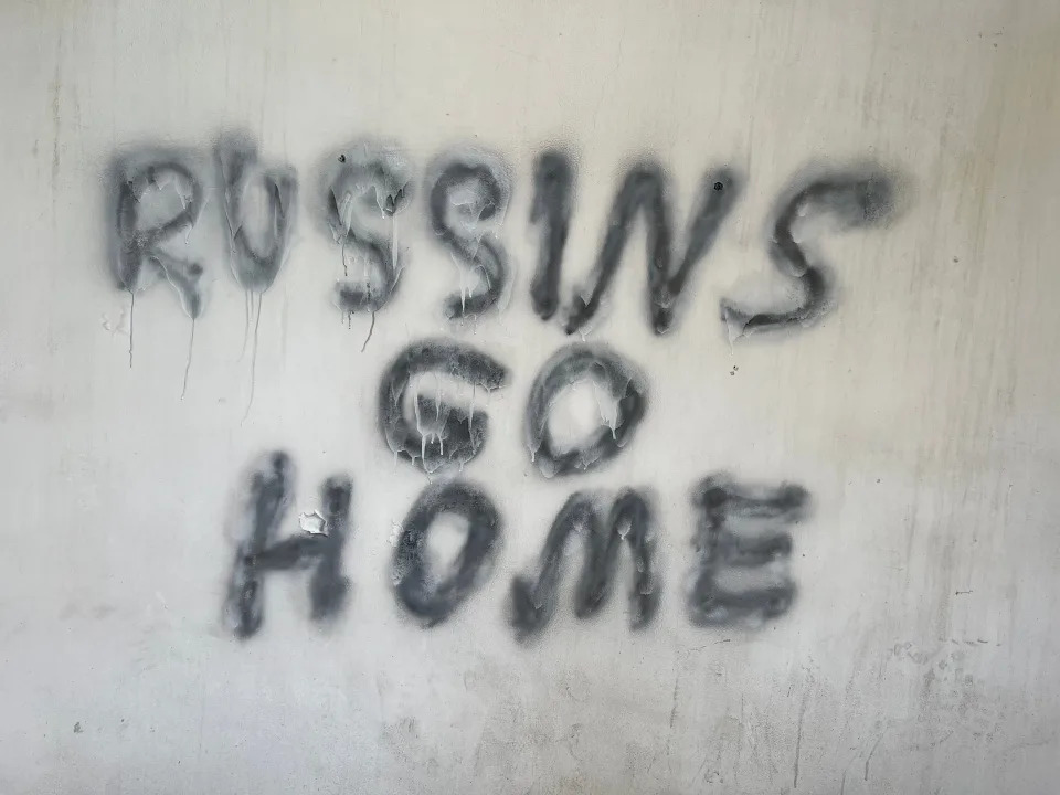 Anti-Russian graffiti scrawled on a wall in Tbilisi, the capital of Georgia.