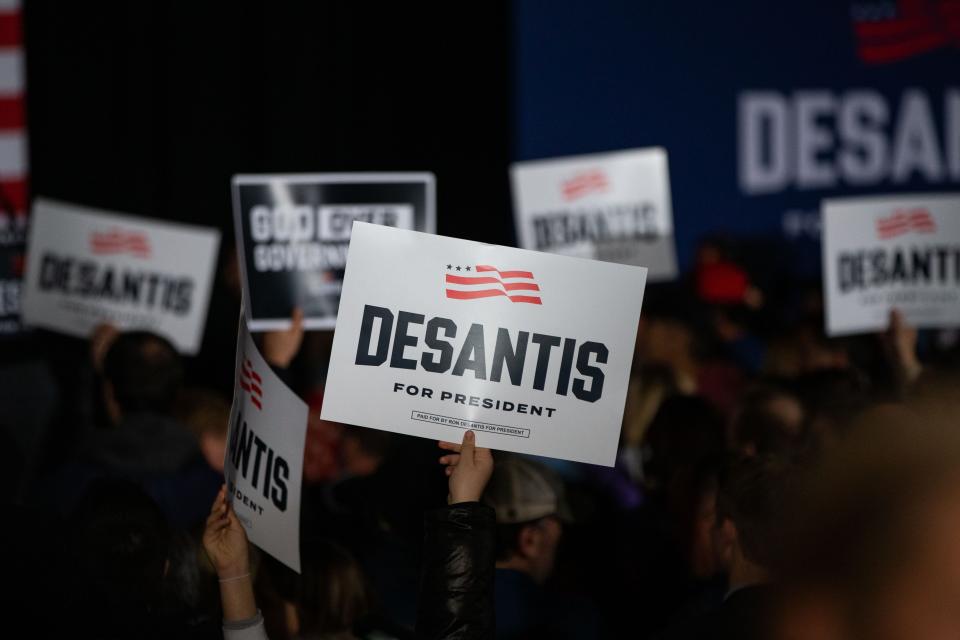 Supporters of GOP candidate Ron DeSantis await his arrival to his Iowa Caucus party on Monday, Jan. 15, 2024.
