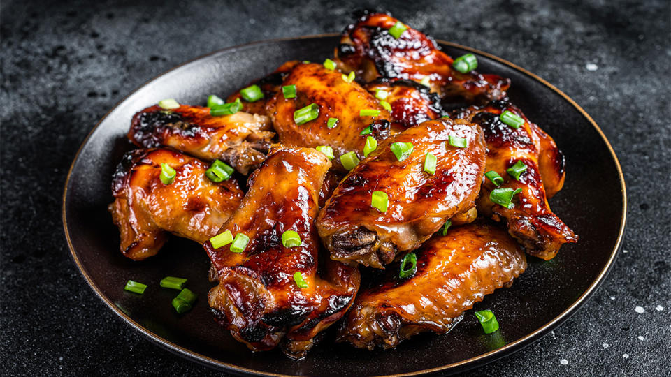 Honey buffalo chicken wings as one of the recipes for a game day snacks spread