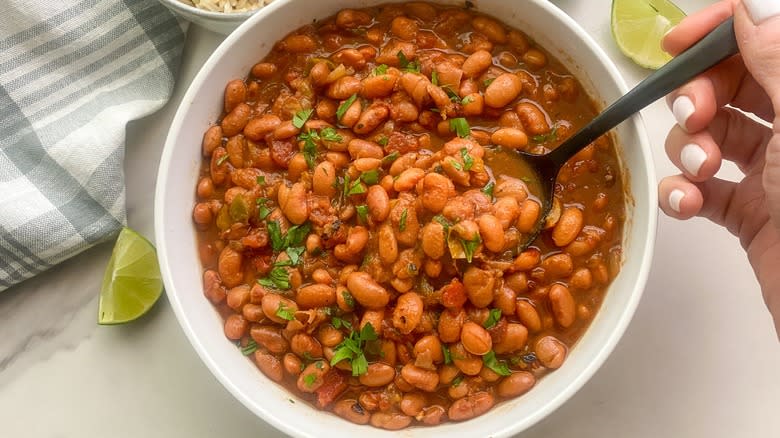 pinto beans in white bowl 