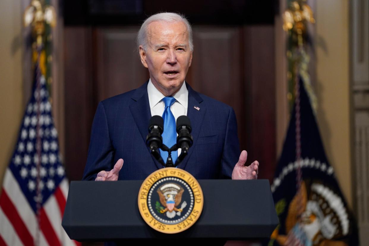 President Joe Biden speaks during a meeting of the National Infrastructure Advisory Council in the Indian Treaty Room on the White House campus, Wednesday, Dec. 13, 2023, in Washington.