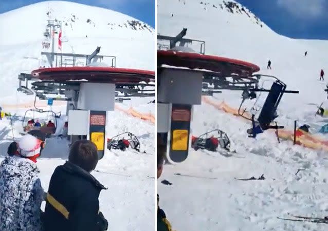 Horrified bystanders screamed for skiers to jump from the ski-lift. One skier in blue (right) can be seen being flung from her chair. Source: ViralHog