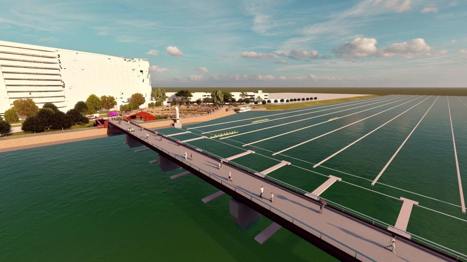 Designs for the pedestrian bridge over the Oklahoma River show its piers will be spaced to accommodate regatta racing lanes.