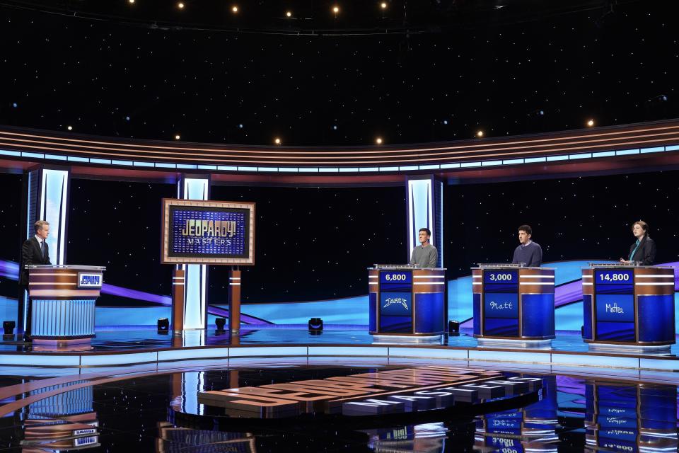 James Holzhauer, Matt Amodio and Mattea Roach compete in the finals of the “Jeopardy!” Masters tournament. | ABC